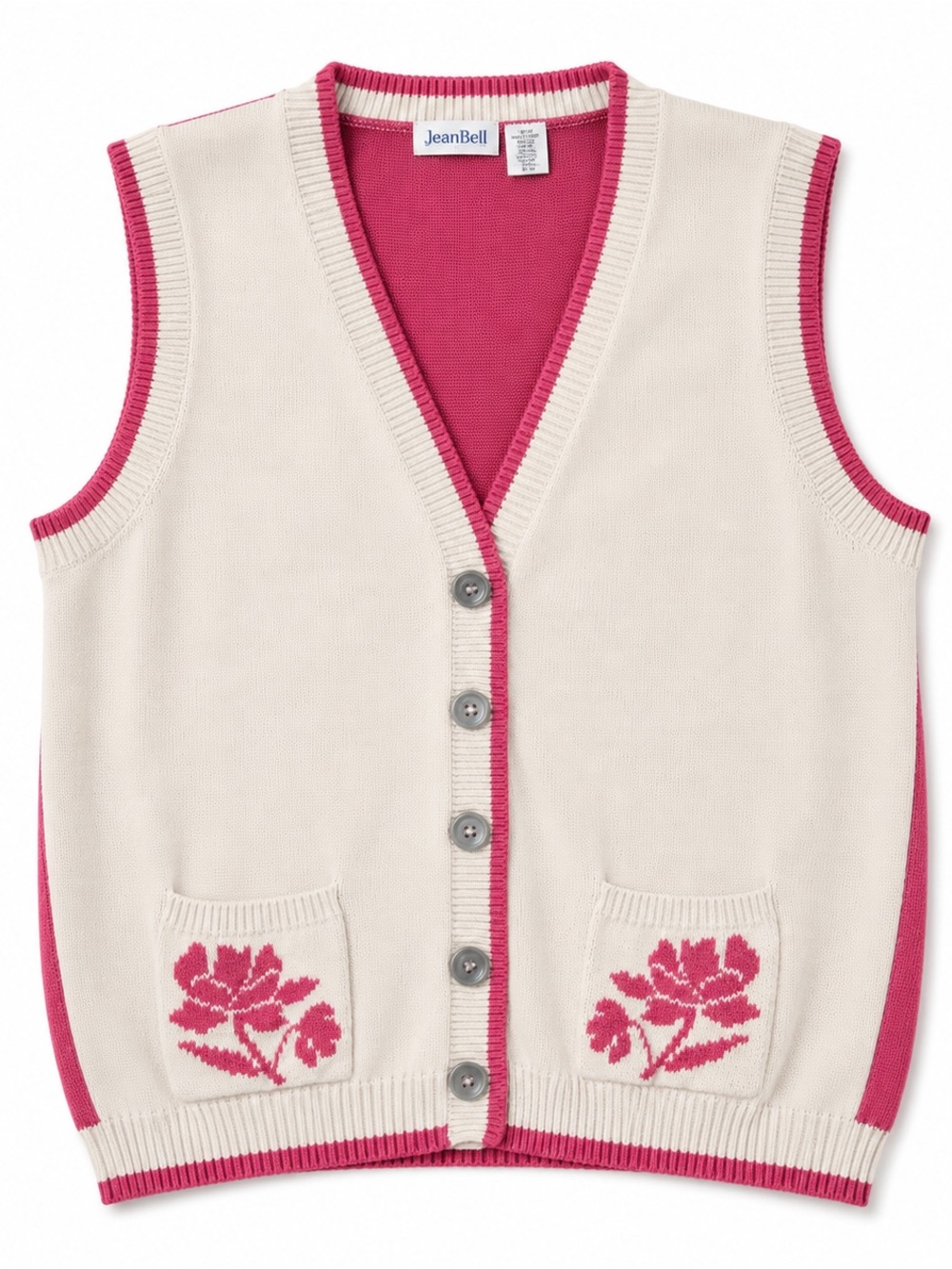 Vintage 90s Jean Bell Floral Cotton Sweater Vest Pink Cream L